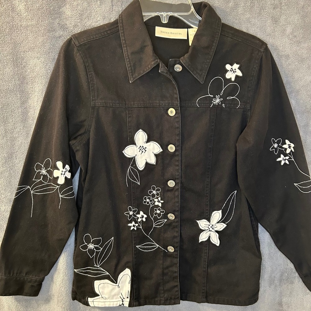 VTG Black Denim Embroidered Jacket Womens S Floral Beaded Susan Bristol